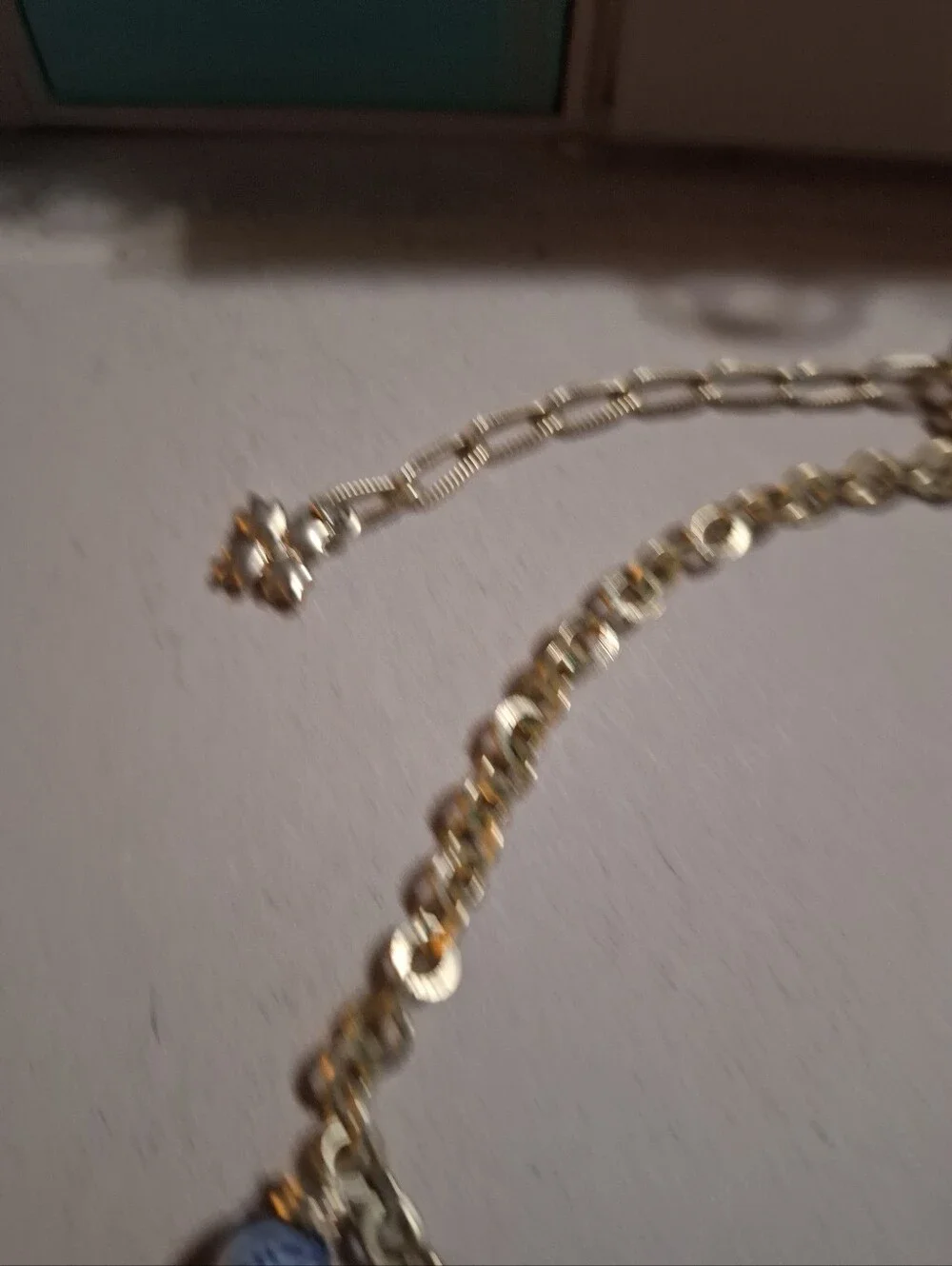 Gold Chain Necklace with Blue & White Ceramic Bead Charms